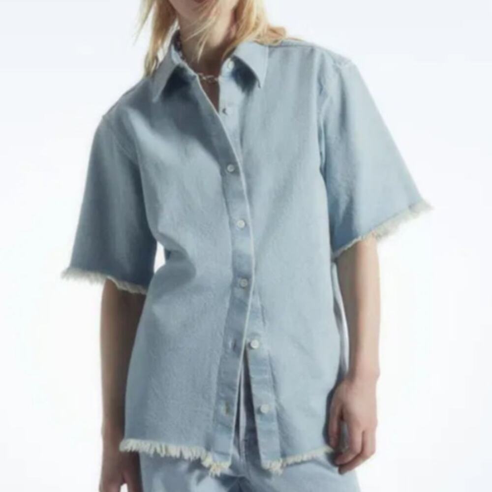 COS Frayed Short-Sleeved Denim Shirt Womens 4 Blue Cotton Contrast Button-Up